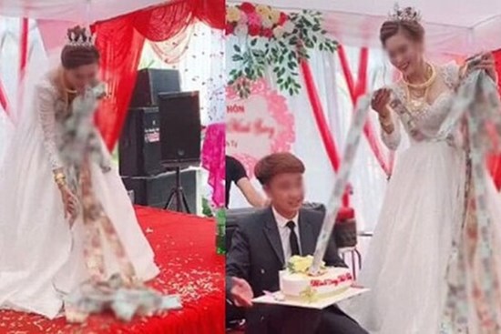 Cô dâu 'nặng gánh' vào ngày cưới: Vừa đeo vàng 'nặng trĩu', vừa được chồng tặng bánh kem chứa cả dây tiền