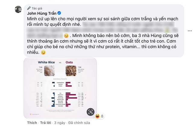 Hot dad đình đám gây tranh cãi vì khẳng định không chọn gạo vào thực đơn của con, quyết cho con ăn dặm bằng yến mạch vì lý do này-2
