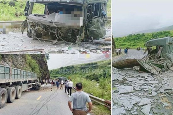 Xe chở đá mất phanh lao vào taluy, phần đầu đứt rời khiến 2 người tử vong