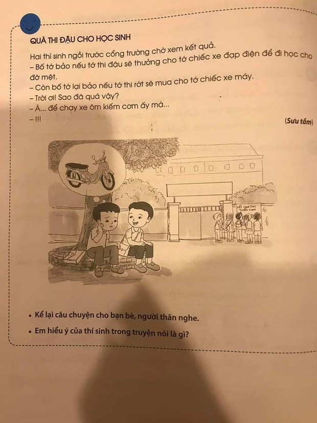 Sốc trước nội dung trong sách học Tiếng Việt lớp 2: Thi đậu thưởng xe đạp điện nhưng thi rớt được... xe máy?-1