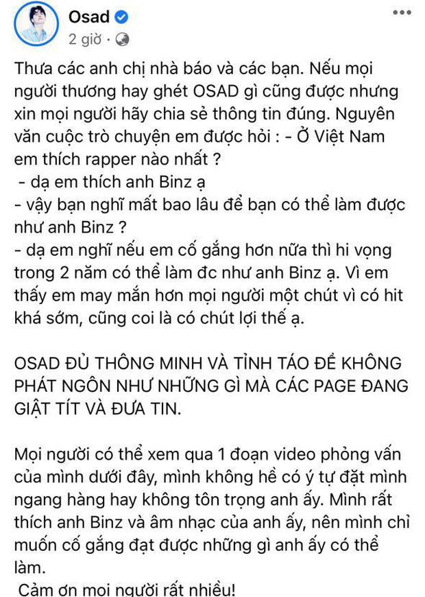 OSAD lên tiếng đính chính sau khi bị chỉ trích gay gắt về phát ngôn gây tranh cãi: Hai năm nữa tôi sẽ thay thế anh Binz-4