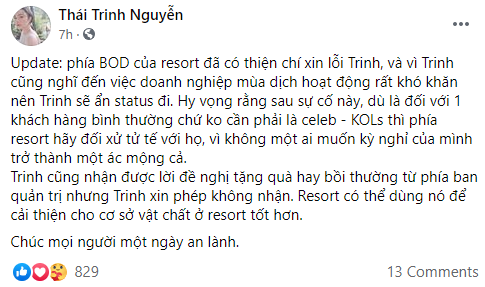 Thái Trinh chính thức tiết lộ cách ứng xử và giải quyết vấn đề của phía resort 5 sao, sau khi bị bóc phốt-1