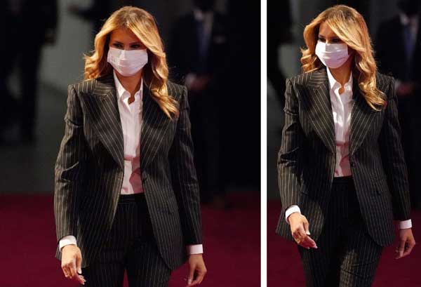 Đệ nhất phu nhân Mỹ Melania Trump đóng bộ suit hàng hiệu cùng gia đình chạm trán quý phu nhân phía đối thủ Joe Biden trong cuộc tranh luận Tổng thống-1