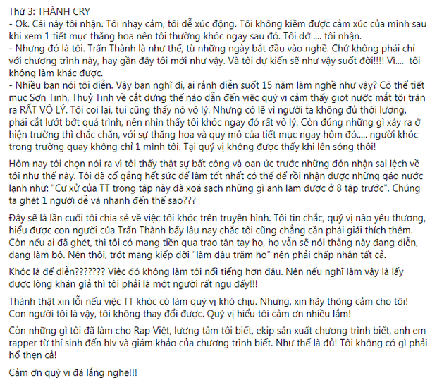 Trấn Thành chính thức lên tiếng sau ồn ào khóc tại Rap Việt: Thành thật xin lỗi nếu việc Trấn Thành khóc có làm quý vị khó chịu-5
