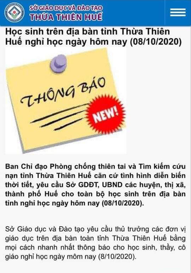 Một tỉnh thành gửi thông báo khẩn cho học sinh nghỉ học ngày 8/10-1