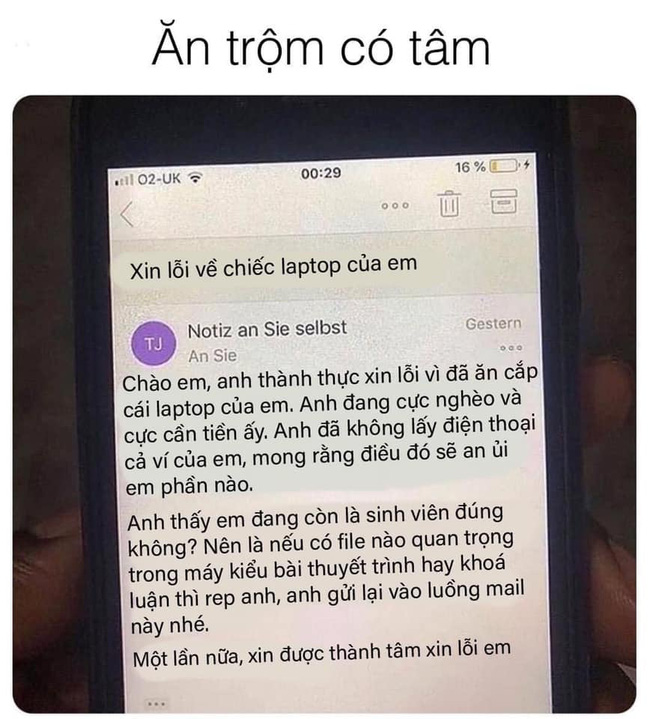 Góc khó hiểu: Vừa trộm được laptop, biết của sinh viên tên trộm áy náy gửi mail xin lỗi cùng yêu cầu khiến người mất chẳng biết nên khóc hay cười-1