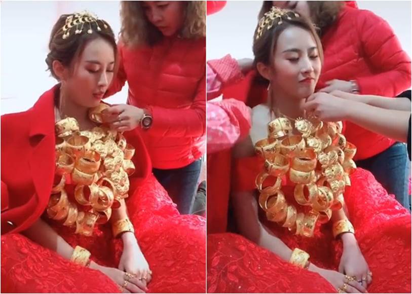 Cô dâu xinh đẹp còng lưng quấn cả chục cân vàng trên cổ, nhìn sang chú rể đeo đúng 2 cọng dây minh họa thì ai cũng phải bật cười-1