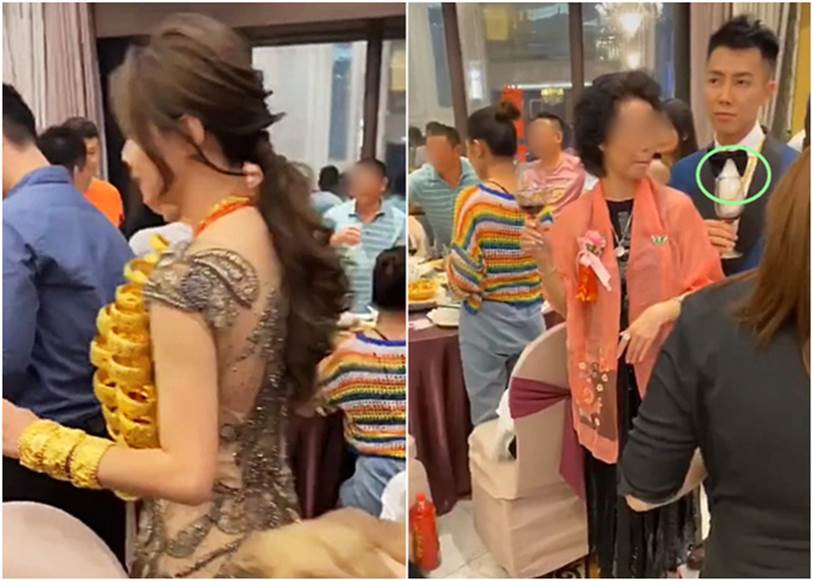 Cô dâu xinh đẹp còng lưng quấn cả chục cân vàng trên cổ, nhìn sang chú rể đeo đúng 2 cọng dây minh họa thì ai cũng phải bật cười-4