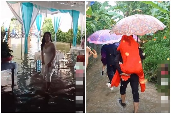 Vất vả tình cảnh đám cưới mùa lũ: Cô dâu vén váy đi giữa dòng nước ngập mênh mông, chú rể cõng vợ qua vùng nước ngập