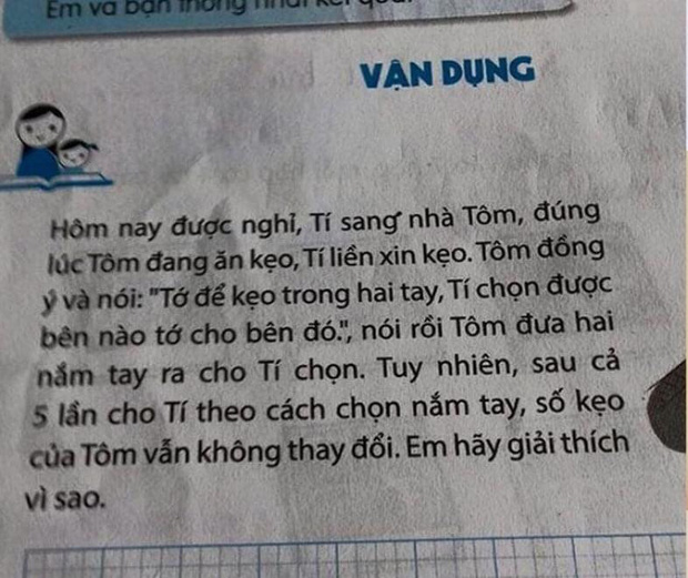 Toán lớp 3: Kẹo nằm ở 1 trong 2 tay Tôm, nhưng Tí chọn 5 lần không trúng, lời giải gây bất ngờ-1