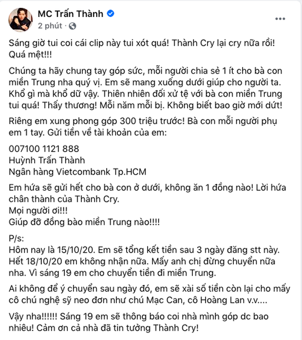 Tiếp bước Thuỷ Tiên, MC Trấn Thành xung phong đóng góp 300 triệu đồng, kêu gọi và quyết định đến miền Trung cứu trợ-1