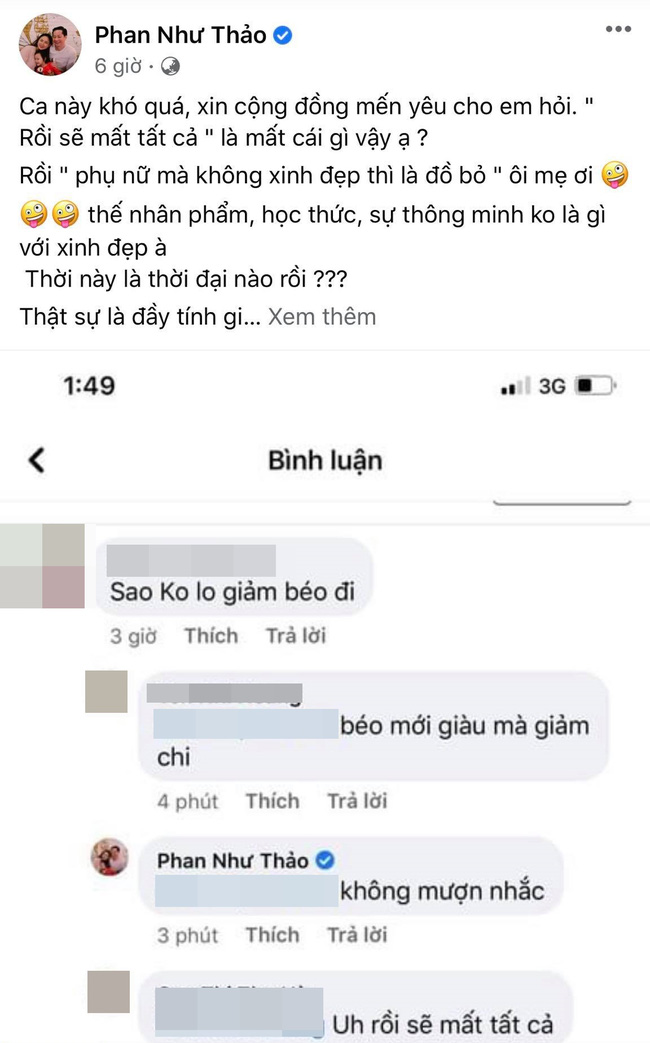 Phan Như Thảo nổi đóa phản bác khi bị mỉa mai: Sao không lo giảm béo đi?-1