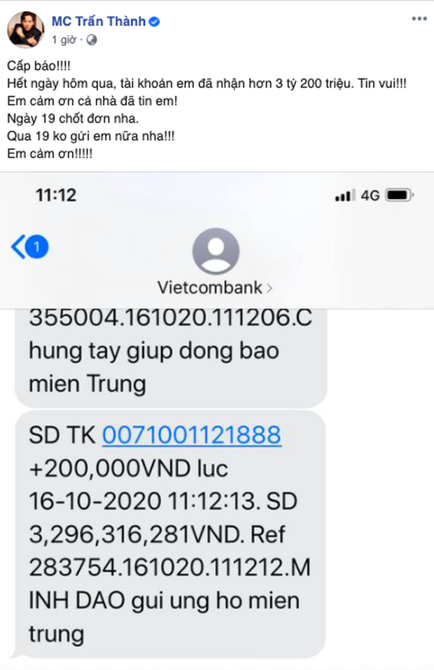 Sau 24 giờ, Trấn Thành đã kêu gọi được 3,2 tỷ đồng, 3 ngày tới sẽ đến miền Trung cứu trợ bà con-1