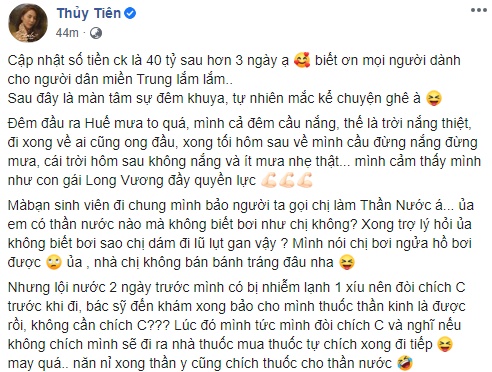 Kiệt sức sau nhiều ngày đi cứu trợ, Thủy Tiên để lộ việc không hề biết bơi nhưng vẫn quyết tâm đến vùng lũ-1