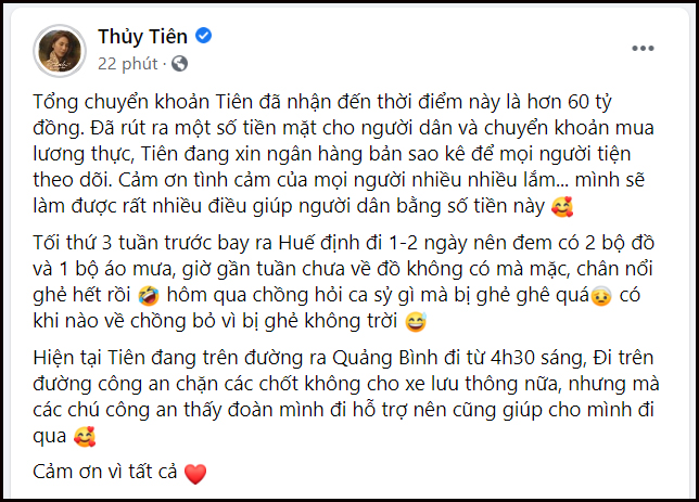 Sau 6 ngày phát động quyên góp, Thủy Tiên đã nhận được hơn 60 tỷ, tiếp tục đi tới Quảng Bình viện trợ từ sáng sớm-4