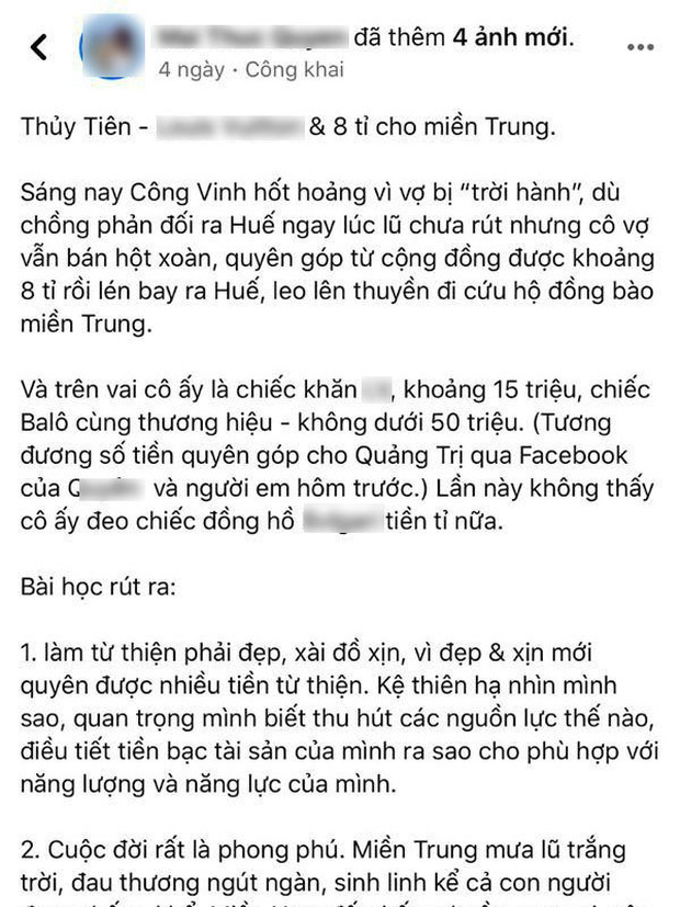 Nữ MC bị chỉ trích mạnh mẽ vì đăng status mỉa mai, bóc giá kém duyên đồ Thuỷ Tiên mặc khi đi cứu trợ miền Trung-1
