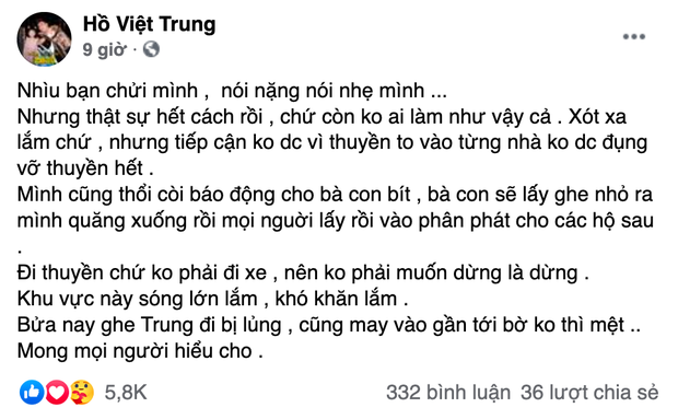 Hồ Việt Trung chính thức lên tiếng khi bị chỉ trích vì quăng quà cứu trợ cho người dân miền Trung, Tiến Luật vào trấn an-2