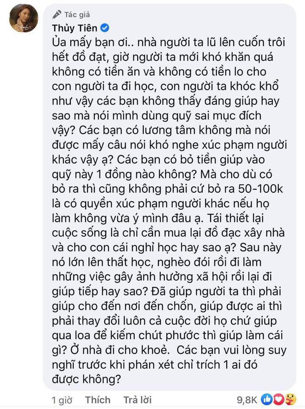 Bị phản đối vì trợ cấp học phí cho trẻ em vùng lũ, Thuỷ Tiên đáp trả cực căng: Các bạn vui lòng suy nghĩ trước khi phán xét-1
