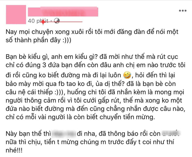 Xôn xao chuyện cô dâu đăng status mời cưới trên Facebook rồi bóc phốt bạn bè vì chỉ có 3 đứa đến dự, dân tình nổ ra tranh cãi-1