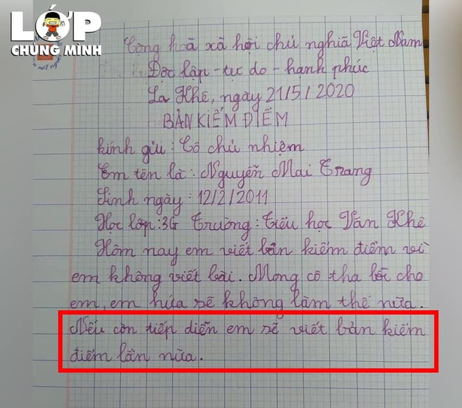 Không viết bài phải làm bản kiểm điểm, cô bé lớp 3 đưa ra lời hứa khiến ai nấy phải thốt lên: Biểu hiện của sự lươn lẹo là đây!-1
