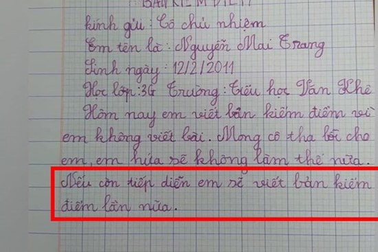 Không viết bài phải làm bản kiểm điểm, cô bé lớp 3 đưa ra lời hứa khiến ai nấy phải thốt lên: Biểu hiện của sự lươn lẹo là đây!