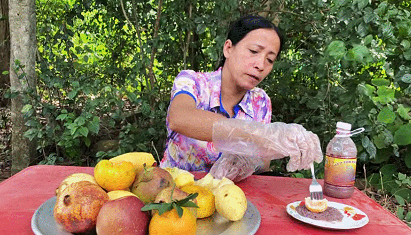 Bà Lý Vlog - Bản sao lỗi của bà Tân Vlog liên tục bị dân mạng chỉ trích: Ăn hoa quả chấm mắm tôm, nấu nướng mất vệ sinh, ngồi ăn ở bãi đất đá lem nhem bẩn-6