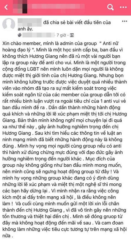 Sau khi Hương Giang tung clip với cái ôm thân tình thành viên group anti-fan, người đứng đầu nhóm tuyên bố điều bất ngờ-1
