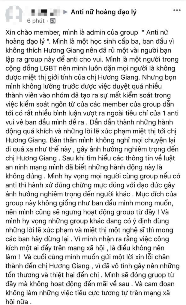 Admin group anti Hương Giang chính thức lên tiếng, gửi lời xin lỗi chân thành và tuyên bố sẽ đóng group-1