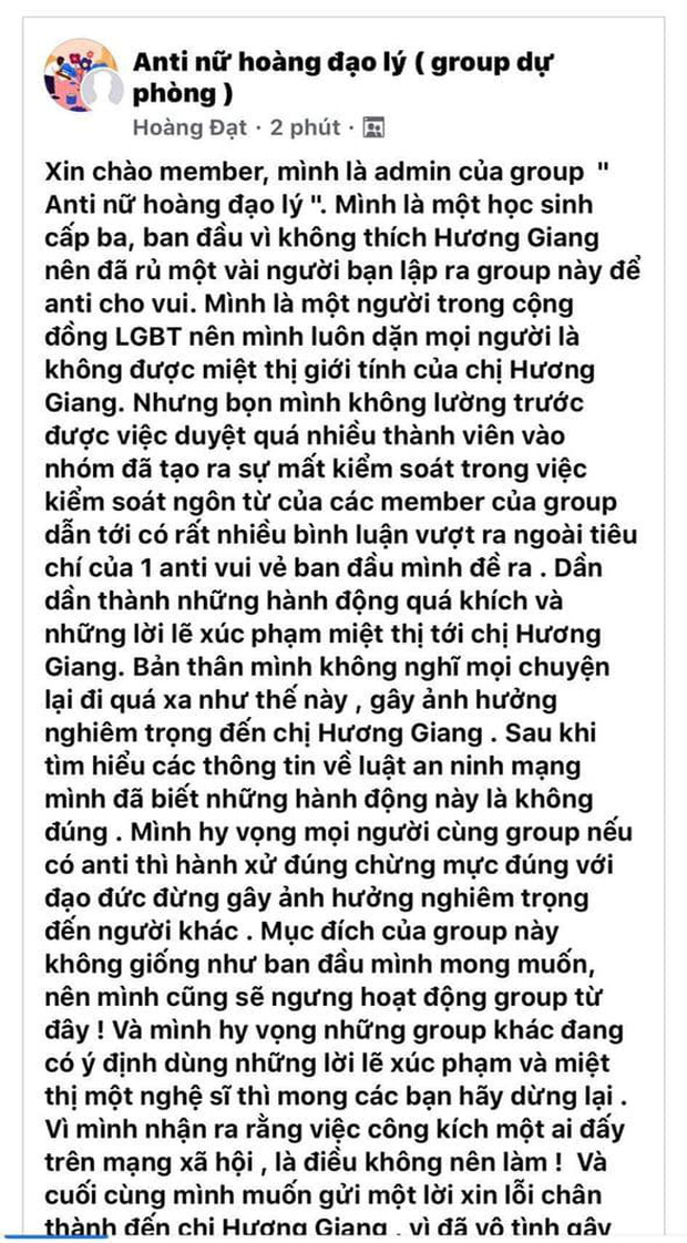 Admin group anti Hương Giang chính thức lên tiếng, gửi lời xin lỗi chân thành và tuyên bố sẽ đóng group-2
