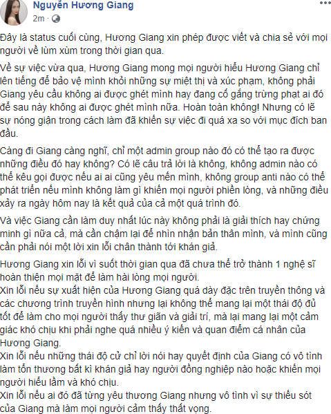 HOT: Sau hàng loạt diễn biến căng thẳng, Hương Giang chính thức công khai xin lỗi-1