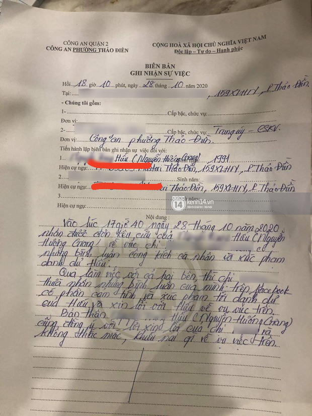 Tiết lộ biên bản ghi nhận việc công an và Hương Giang đến nhà antifan làm việc-1