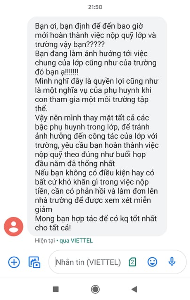 Vụ việc gây tranh cãi: Trưởng ban phụ huynh đề nghị thu tròn tiền quỹ lớp cho đỡ lẻ, nhắn tin cảnh cáo một bà mẹ vì đóng chậm-1