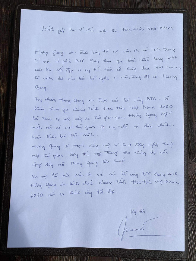 HOT: Hương Giang viết thư tay, xin rút khỏi chương trình Hoa hậu Việt Nam 2020-1