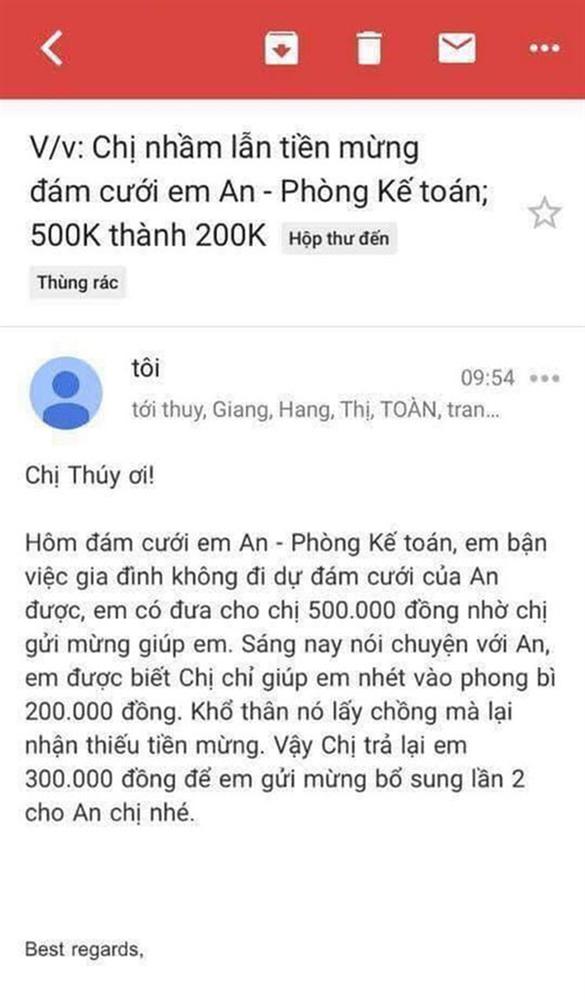 Gửi 500k mừng cưới nhưng đồng nghiệp chỉ bỏ phong bì 200k, cô gái viết mail đòi lại tiền nhưng hành động đính kèm một số người mới thực sự thâm sâu-2
