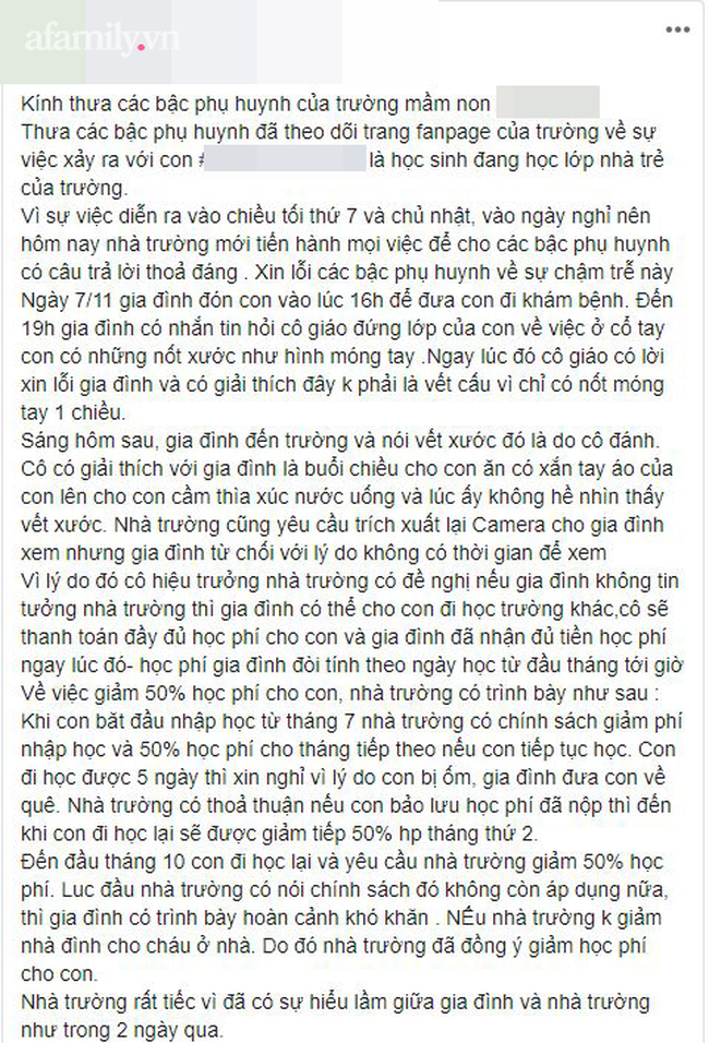 Bé mẫu giáo đi học về tay xuất hiện đầy vết bấm móng tay, nhà trường có bài giải thích khiến mẹ bức xúc vì sai sự thật?-4