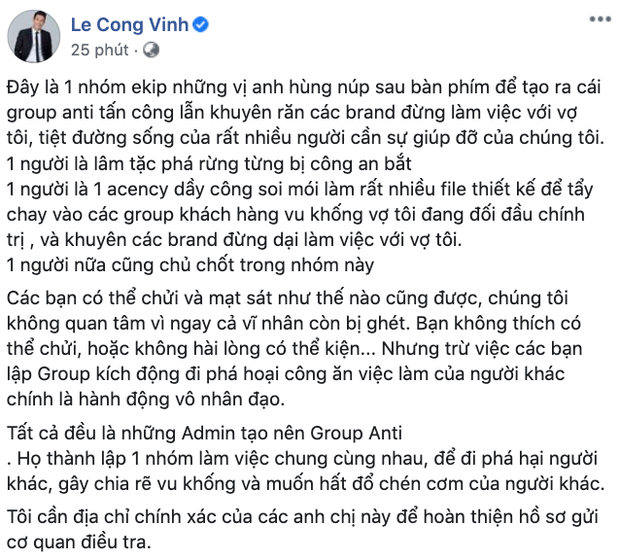 Công Vinh đăng status dài tuyên bố xử lý antifan tấn công Thuỷ Tiên: Tố chi tiết từng người, quyết tìm tận nơi, nhờ pháp luật can thiệp-1