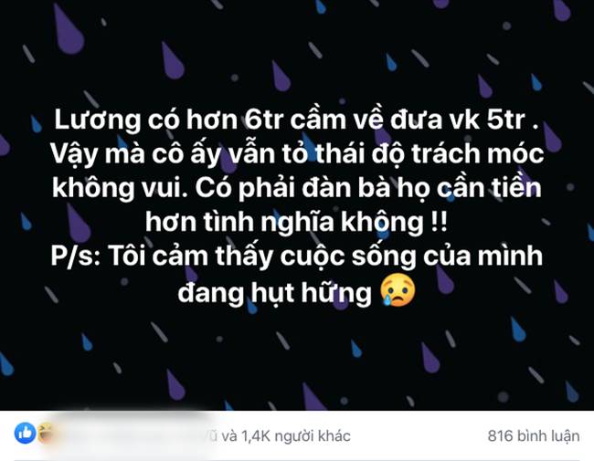 Lương 6 triệu, đưa 5 triệu cho vợ tiêu xài thì nhận về phản ứng trách móc, chồng đăng đàn tố đàn bà cần tiền hơn tình nghĩa” và lời đáp trả sâu sắc-1