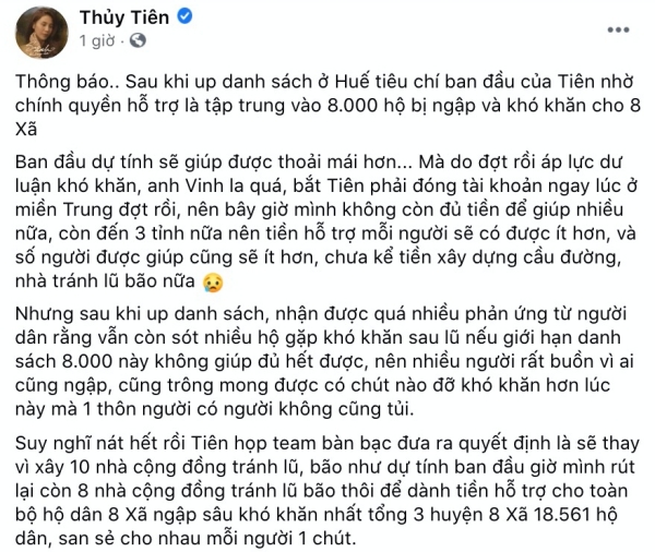 Thủy Tiên thông báo: Không còn đủ tiền nên giảm số nhà chống lũ để có thể giúp được nhiều người dân-1