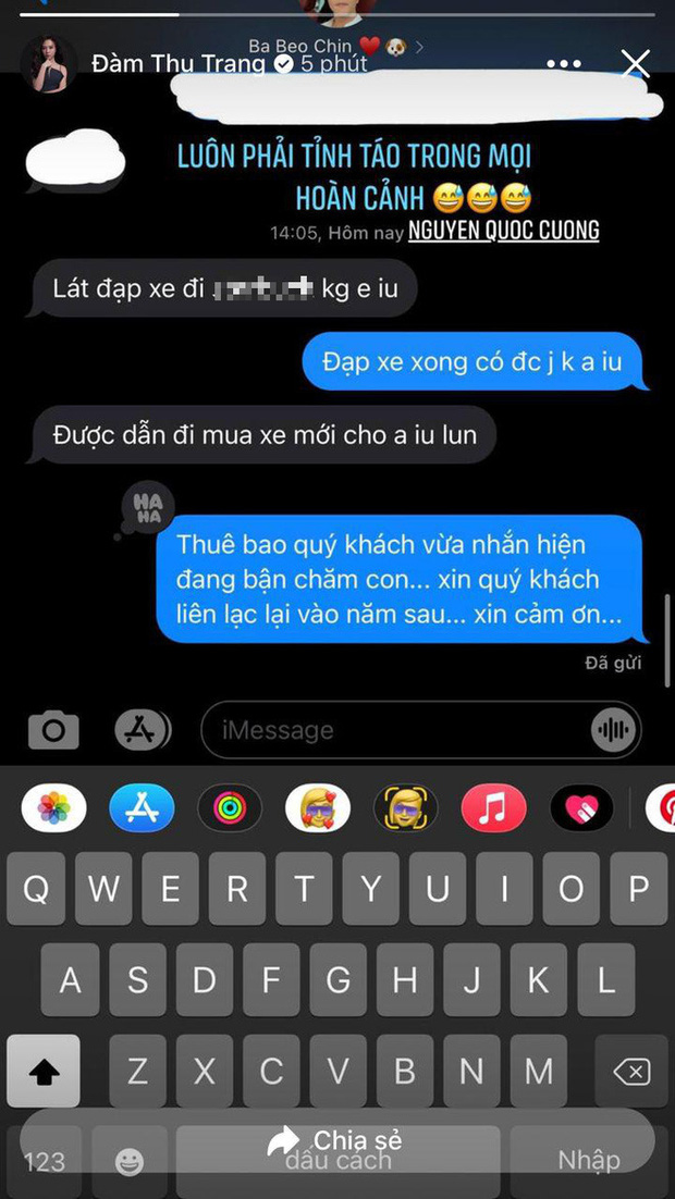 Đàm Thu Trang khoe tin nhắn mùi mẫn với Cường Đô La, đọc đến đoạn mẹ bỉm bẻ lái khi chồng đòi mua xe mà cười ngất-1