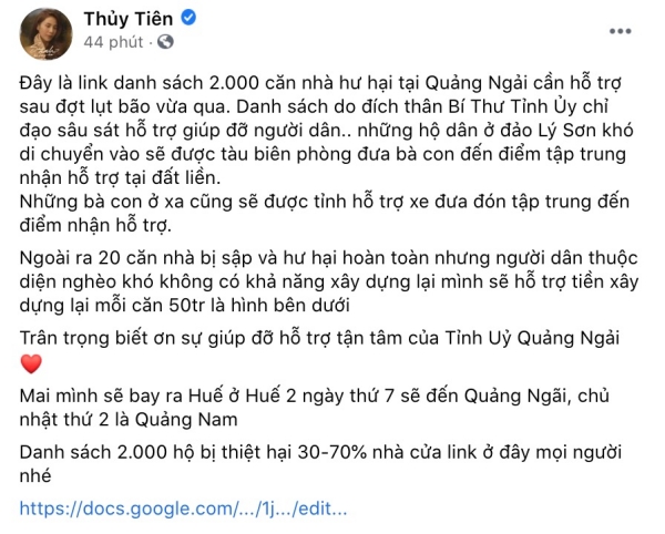 Thủy Tiên hỗ trợ 50 triệu cho các gia đình nghèo khó có nhà bị sập, ngày mai bay luôn ra Huế tiếp tục cứu trợ-1