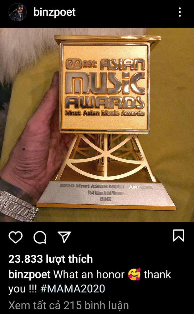 Binz khoe thắng giải thưởng lớn ở MAMA 2020, nhưng phải xoá vội vì… chương trình chưa diễn ra-1