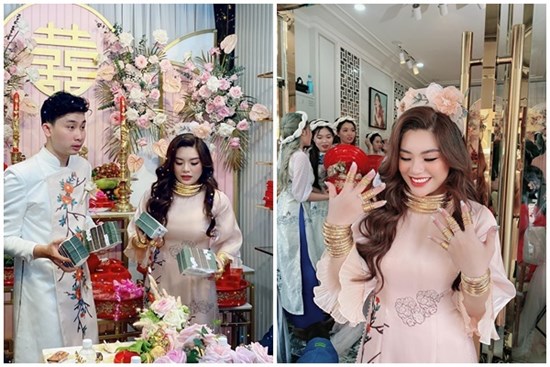 Lễ vu quy cô dâu đeo kiềng vàng nặng trĩu cổ, nhẫn kín 2 bàn tay, còn cầm thêm 4 cọc tiền gây 'choáng'