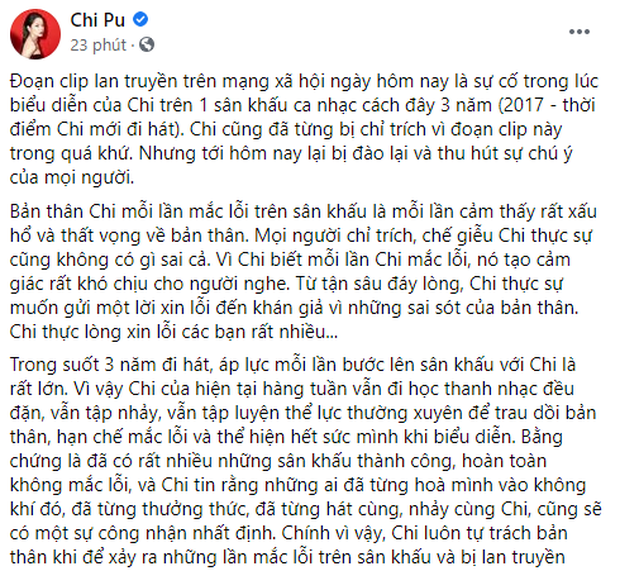 Chi Pu giấu ekip đăng tâm thư xin lỗi khán giả sau đoạn clip vỡ giọng gây tranh cãi, khẳng định vẫn đi học thanh nhạc đều đặn-1