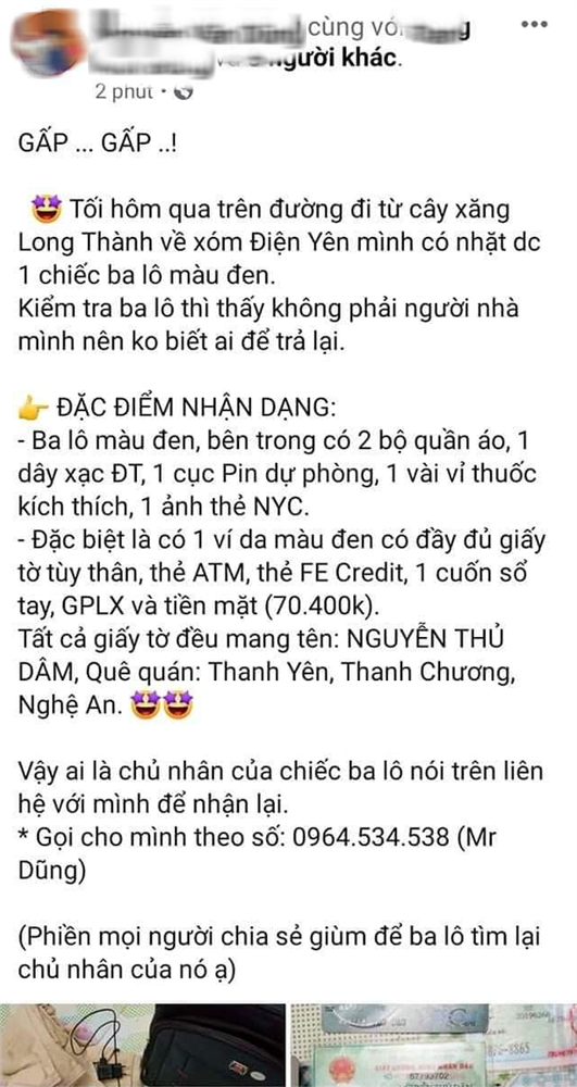 Nhặt được ba lô chứa hơn 70 triệu đồng, cán bộ xã đăng lên Facebook tìm người trả lại-1