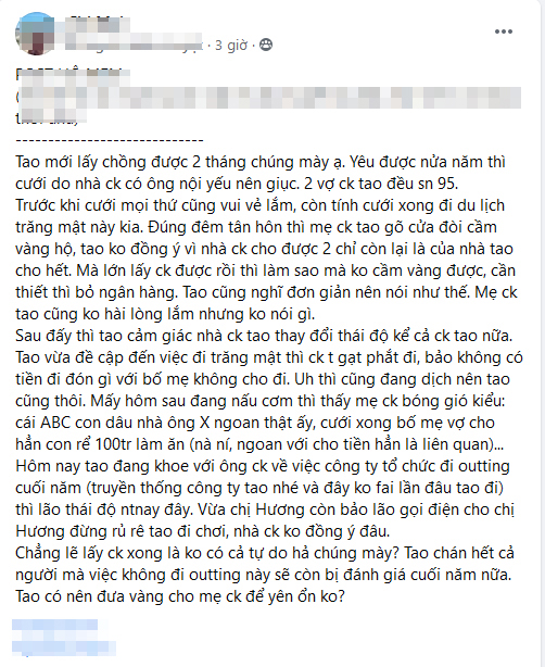 Nàng dâu sốc toàn tập vì mẹ chồng gõ cửa đòi cầm vàng cưới ngay đêm tân hôn, đã thế chồng còn tuyên bố câu xanh rờn: Đi đâu cũng phải xin phép bố mẹ chồng, đừng có tư tưởng ăn chơi đú đởn”-1
