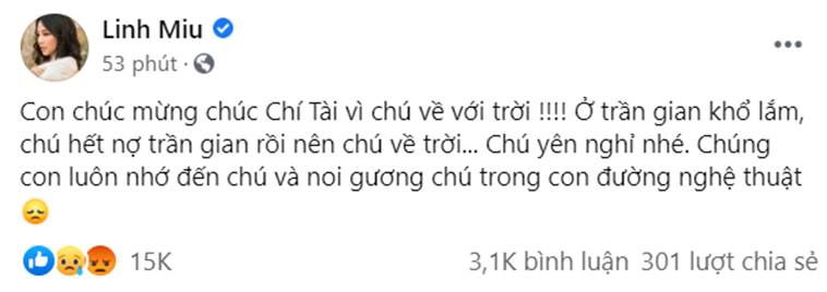 Động thái mới tiếp tục gây phẫn nộ của Linh Miu sau khi chúc mừng Chí Tài vì chú về với trời-1