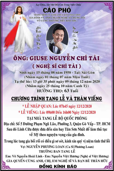 Nghệ sĩ Việt Hương đăng cáo phó và thông báo sẽ chịu tang cố nghệ sĩ Chí Tài-1