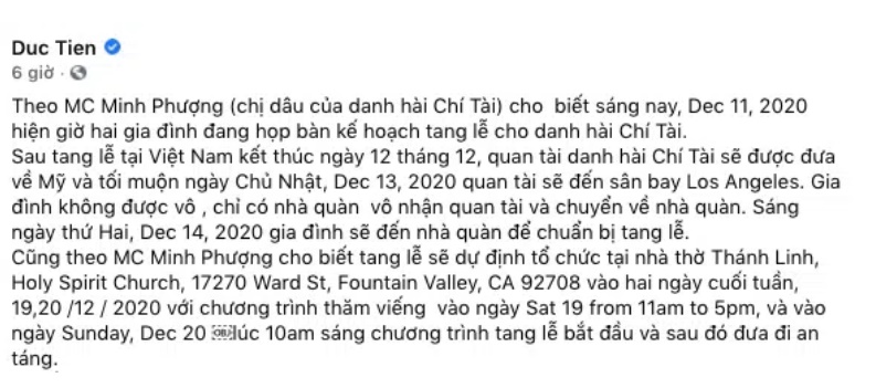 Chị dâu danh hài Chí Tài thông báo thời gian và địa điểm tổ chức lễ viếng tại Mỹ-1