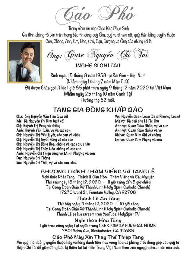 Cáo phó tang lễ cố nghệ sĩ Chí Tài tại Mỹ có một số thay đổi-1