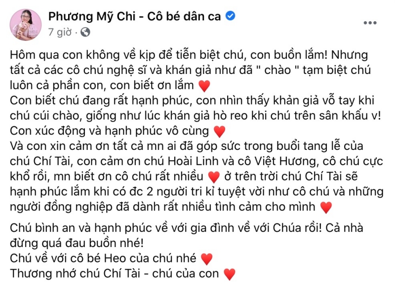 Phương Mỹ Chi không thể đến tiễn biệt NS Chí Tài: Mọi người đã chào tạm biệt chú luôn cả phần của con-3